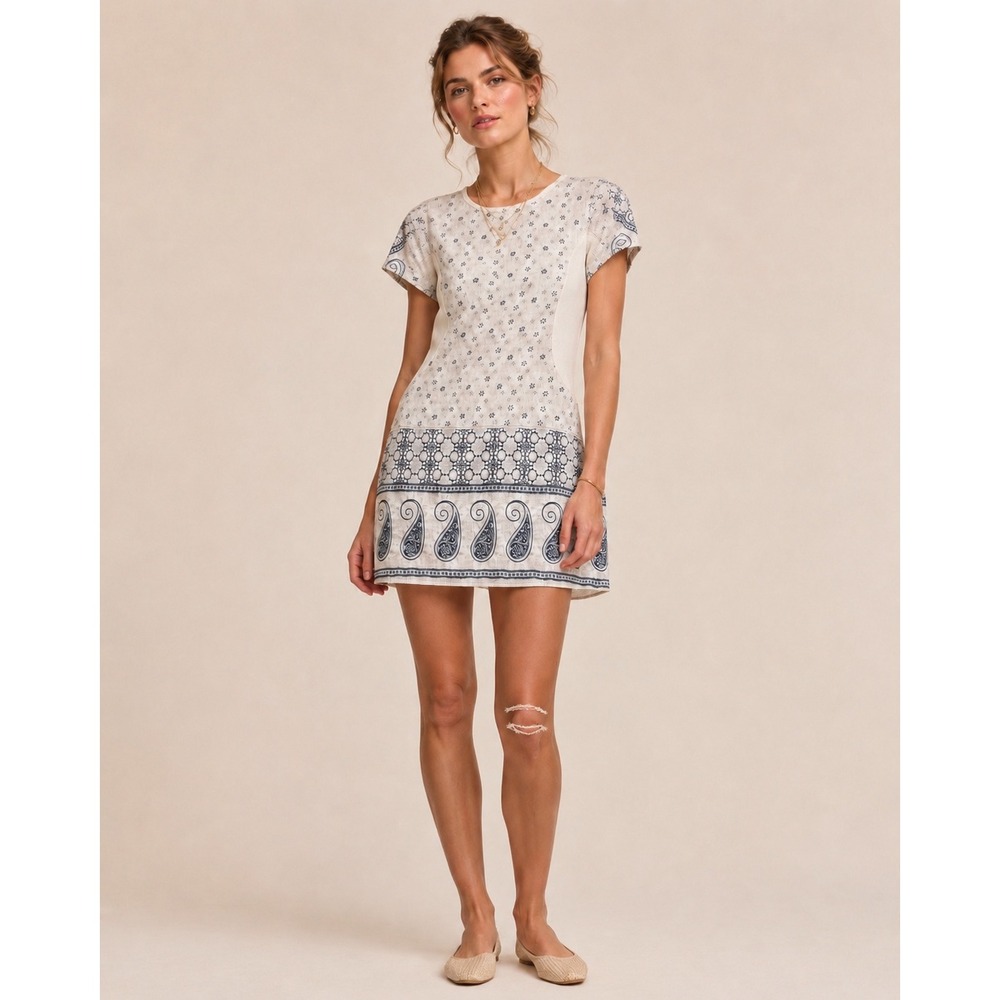 Italian Cotton Dress S/M White Navy Paisley Border Cottagecore Boho